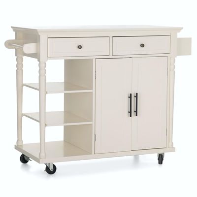 MFSTUDIO Rolling Kitchen Island Cart on Wheels, Mobile Kitchen Cart Trolley Cart with Open Shelves, Drawers, Towel and Spice Rack, Portable Storage Island Cart for Dining Room, Ivory