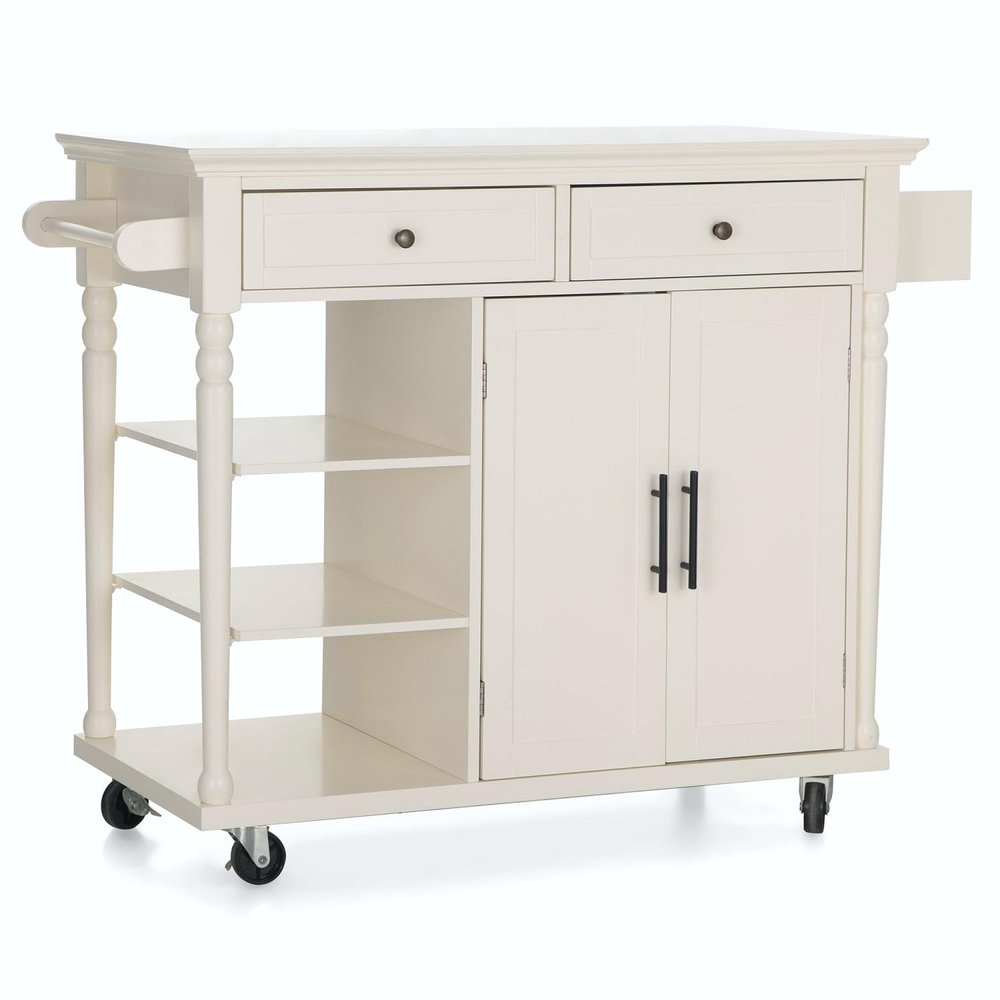 MFSTUDIO Rolling Kitchen Island Cart on Wheels, Mobile Kitchen Cart Trolley Cart with Open Shelves, Drawers, Towel and Spice Rack, Portable Storage Island Cart for Dining Room, Ivory