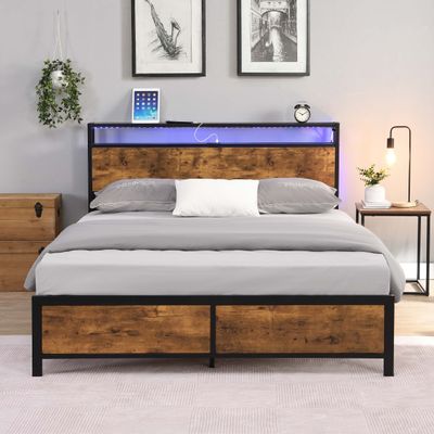 Anwick Bed Frame with LED Lights,2-Tier Storage Headboard with Charging Station,Industrial Metal Platform LED Bed Frame with Outlets and USB Ports,Noise Free,No Box Spring Needed (Queen)