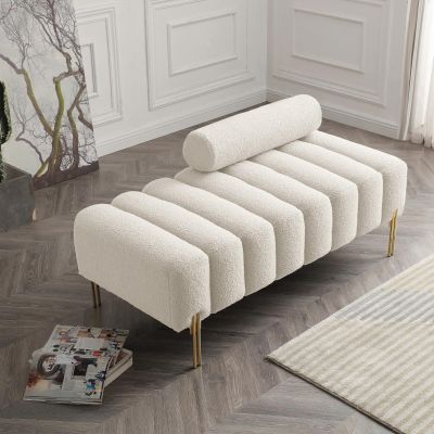 Aoowow Bedroom Ottoman Bench End of Bed Channel Tufted Ottoman Benches 53.2" Long Teddy Fabric Window Entryway Bench Sherpa Footrest with Golden Metal Legs (Without Storage, Off White)