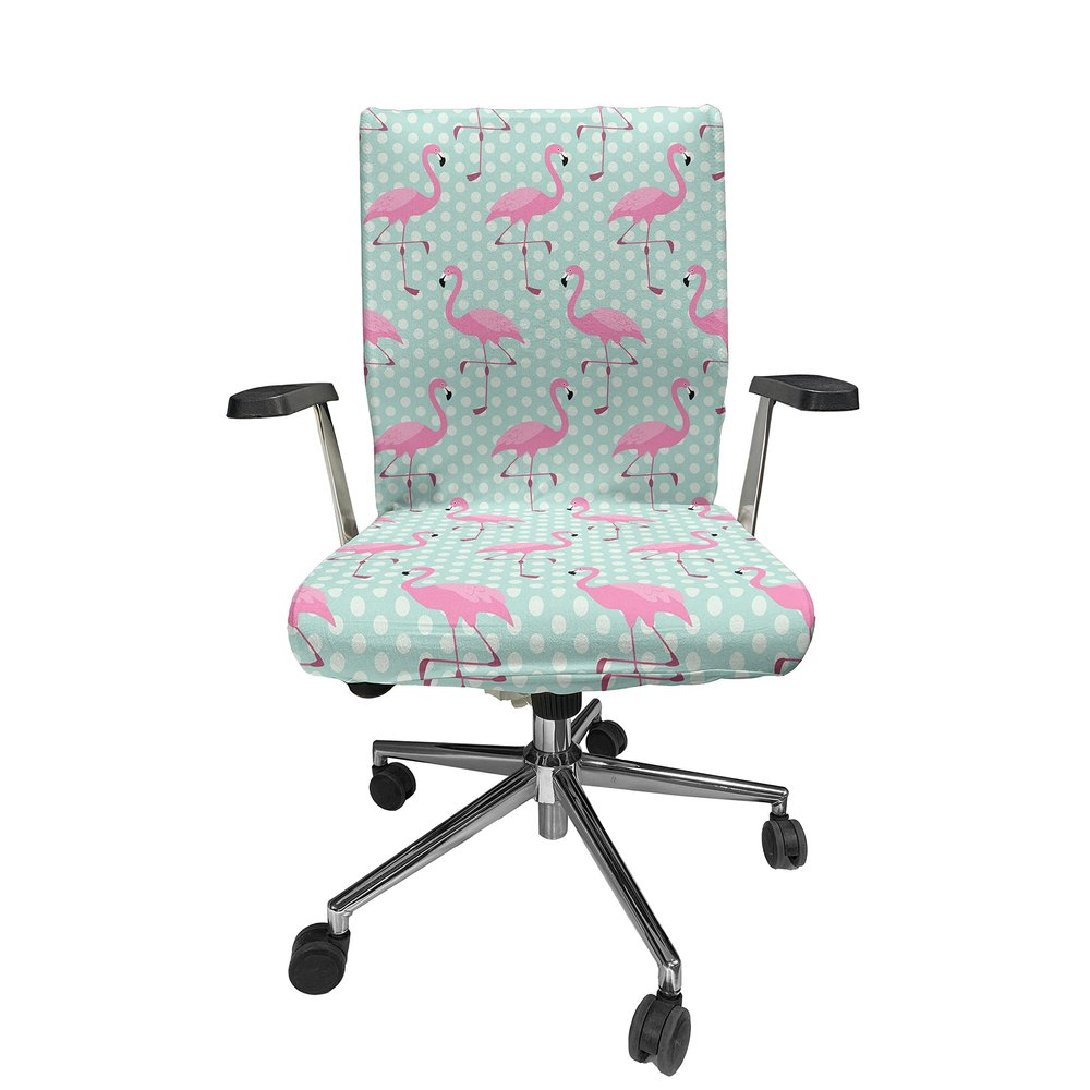 Ambesonne Pink Flamingo Office Chair Cover, Birds of Hawaii Exotic Animals on Polka Dot Backdrop, Stretchable Decorative Universal Size High Back Printed Slipcover, Mint Green
