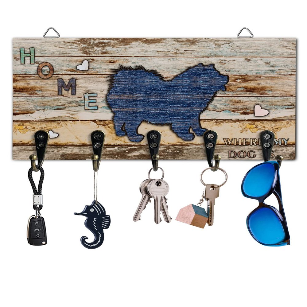 Key Holder for Wall Lovely Dog Decorative Key Hanger for Wall Wood Grain Home Is Where My Dog Is Wall Mounted Key Racks with 5 Rustic Key Hooks Wood Key Holder for Entryway Hallway Doorway Office