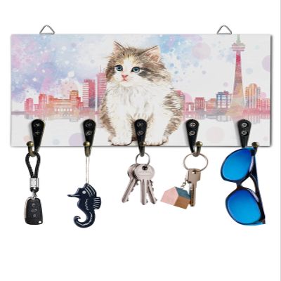 Key Holder for Wall Watercolor Cat Decorative Key Hanger for Wall Ragdoll Vancouver City Skyline Lovely Pet Wall Mounted Key Racks with 5 Rustic Key Hooks Wood Key Holder for Entryway Hallway Doorway