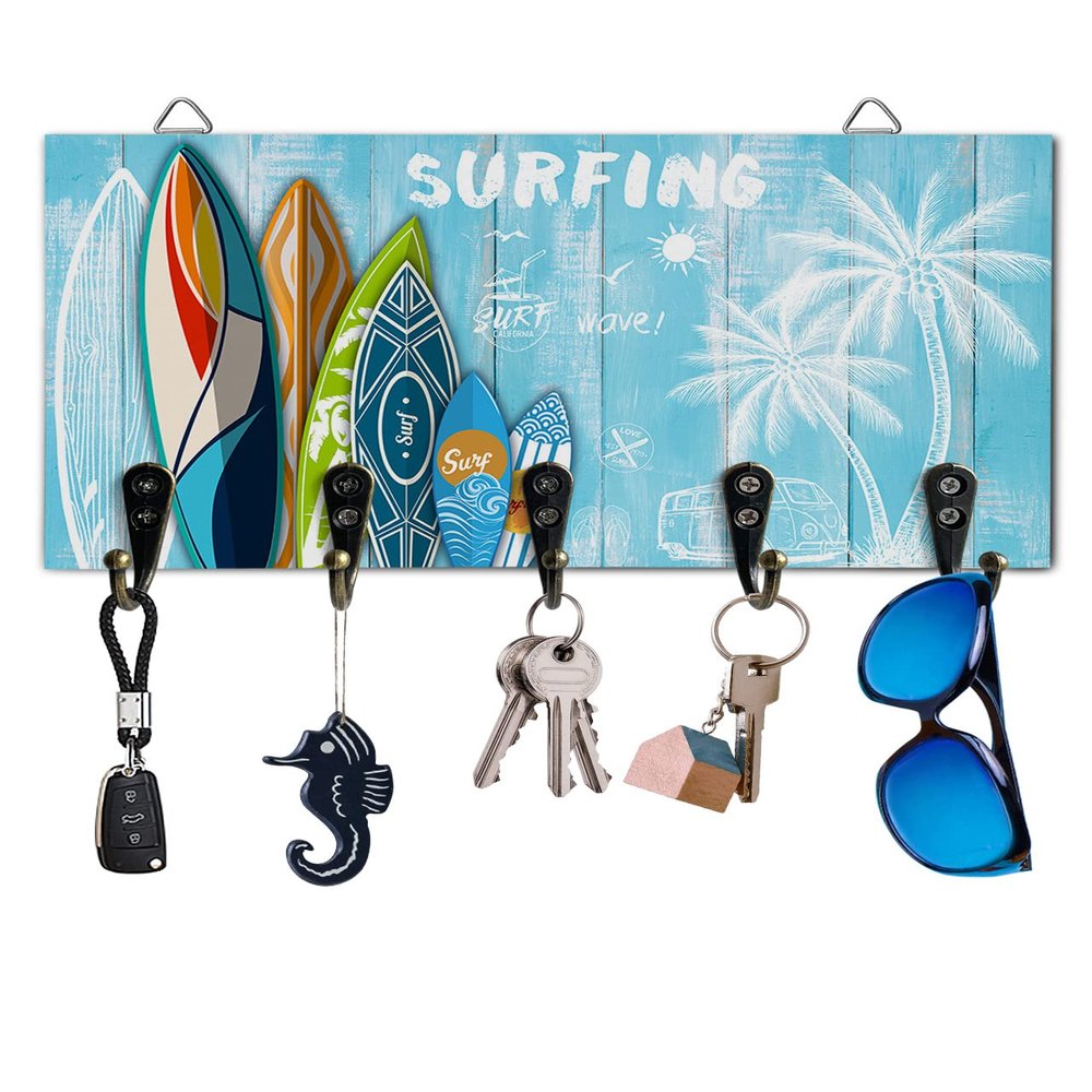 Key Holder for Wall Summer Surfing Decorative Key Hanger for Wall Surfboard Tropical Palm Leaf Wood Grain Wall Mounted Key Racks with 5 Rustic Key Hooks Wood Key Holder for Entryway Hallway Doorway