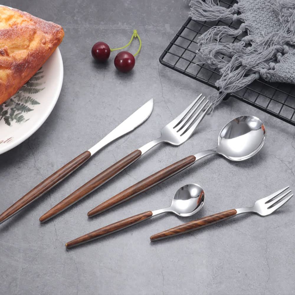 80-Piece Stainless Steel Wooden Silverware Set for 16, Silver Mirror Polished Flatware Cutlery Set,Tableware Eating Utensils Set for Home Restaurant Wedding,Dishwasher Safe (Wooden Effect Handle)