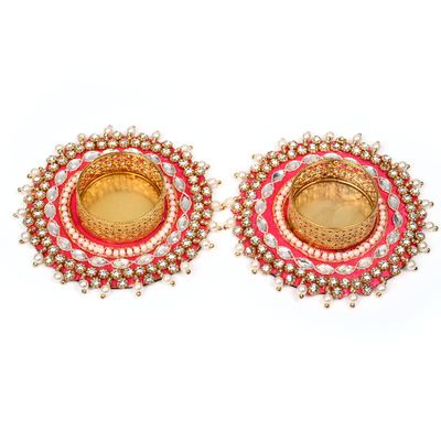 Set of 2 Decorative Tea Light with Moti Beads T Light Holder Candle Stand Tealight Holder Lightning Accessories Indian Festival Christmas New year Decorations Home Decor(Without Wax)(Pink)(Size:- 4")