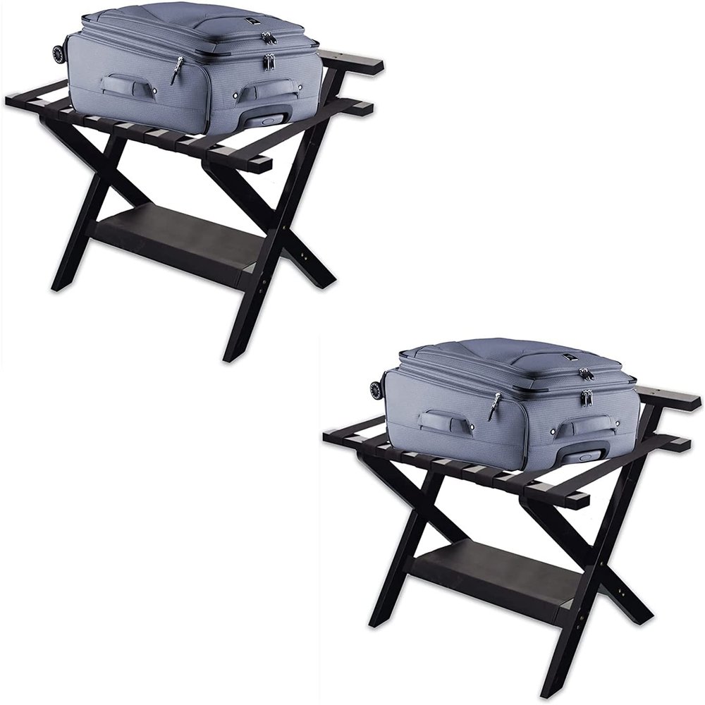 IOCCIOBB Luggage Rack Folding Suitcase Luggage Stand Set of 2 - Double Tiers Luggage Holder with Shoe Shelf, Bedroom/Guest Room Suitcase Holder, for Home/Cafes/Office Buildings (Color : Black)