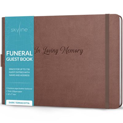Skyline Funeral Guest Book for Memorial & Funeral Services  In Loving Memory Guest Sign In Book for Funerals  738 Guest Entries with Name & Address, 129 Pages, Hardcover, 10x7 (Dark Terracotta)