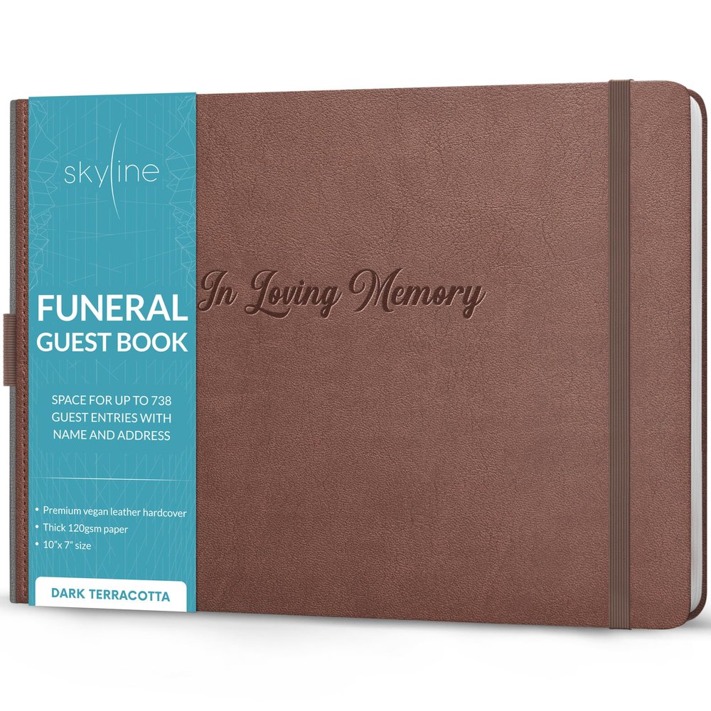 Skyline Funeral Guest Book for Memorial & Funeral Services  In Loving Memory Guest Sign In Book for Funerals  738 Guest Entries with Name & Address, 129 Pages, Hardcover, 10x7 (Dark Terracotta)