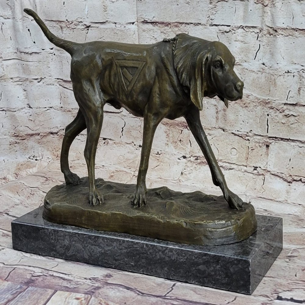 Signed Solid Bronze Foxhound Dog Sculpture Statue Hand Made Marble Base Figurine Art Sale Gift Deal by Think Bronze