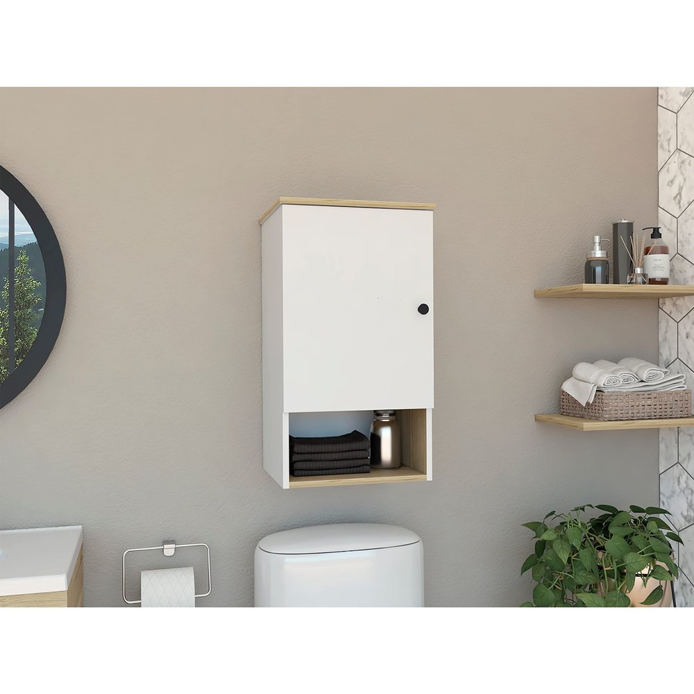 TUHOME St. Angelo Medicine Cabinet with 2 Internal Shelves, Single Door, and 1 Shelf Light Oak-White