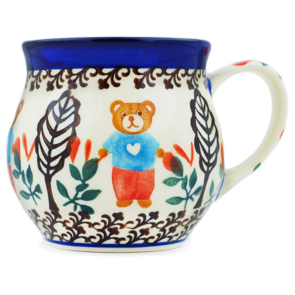 Polmedia Polish Pottery Bubble Mug 13 oz UNIKAT - Red Teddy's Love Pattern Handmade in Boleslawiec Poland by Ceramika Bona + Certificate of Authenticity