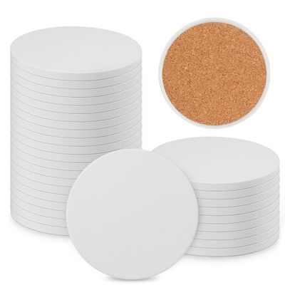 30 Pieces 4 Inch Round Blank Ceramic Coasters, Unglazed Ceramic Tiles Coasters, Ceramic Tiles with Cork Backing Pads for Painting, DIY Crafts, Mosaics, Circular, White.by GNIEMCKIN