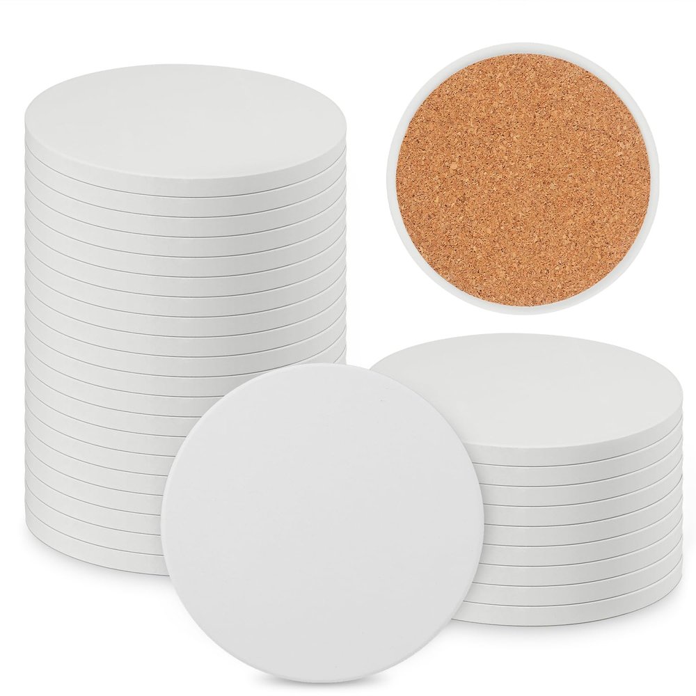 30 Pieces 4 Inch Round Blank Ceramic Coasters, Unglazed Ceramic Tiles Coasters, Ceramic Tiles with Cork Backing Pads for Painting, DIY Crafts, Mosaics, Circular, White.by GNIEMCKIN