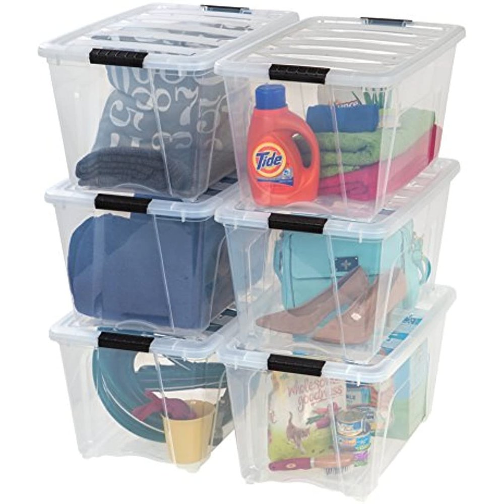 Plastic storage boxes with safety lids and latches, transparent, durable, stackable, organizable tote boxes, toys for general organization of garage large