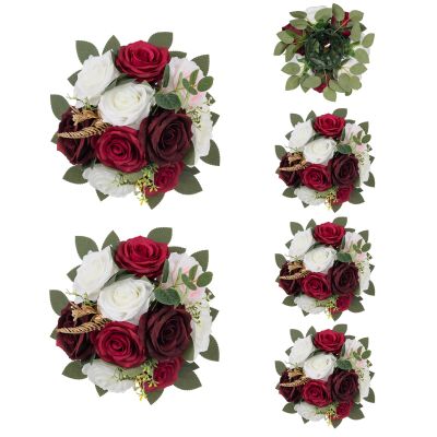 BLOSMON Artificial Flowers Ball Wedding Centerpieces 6 Pcs Burgundy Rose Artificial Flower Center Pieces Decoration for Table Silk Kissing Ball Faux Floral Bouquet Arrangements Home Party DIY Decor