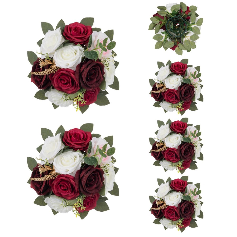 BLOSMON Artificial Flowers Ball Wedding Centerpieces 6 Pcs Burgundy Rose Artificial Flower Center Pieces Decoration for Table Silk Kissing Ball Faux Floral Bouquet Arrangements Home Party DIY Decor