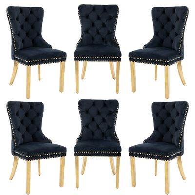 civama Dining Chairs Set of 6, Elegant Luxury Velvet Tufted Dining Chairs Golden Legs & Nailhead Trim, Back Lion Head Pull Ring & Rhomboid Pattern, Nikki Collection Armless Kitchen Chair, Black