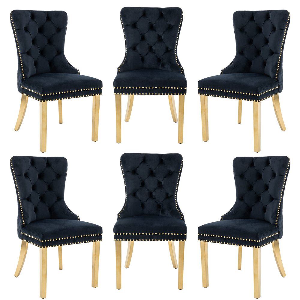 civama Dining Chairs Set of 6, Elegant Luxury Velvet Tufted Dining Chairs Golden Legs & Nailhead Trim, Back Lion Head Pull Ring & Rhomboid Pattern, Nikki Collection Armless Kitchen Chair, Black