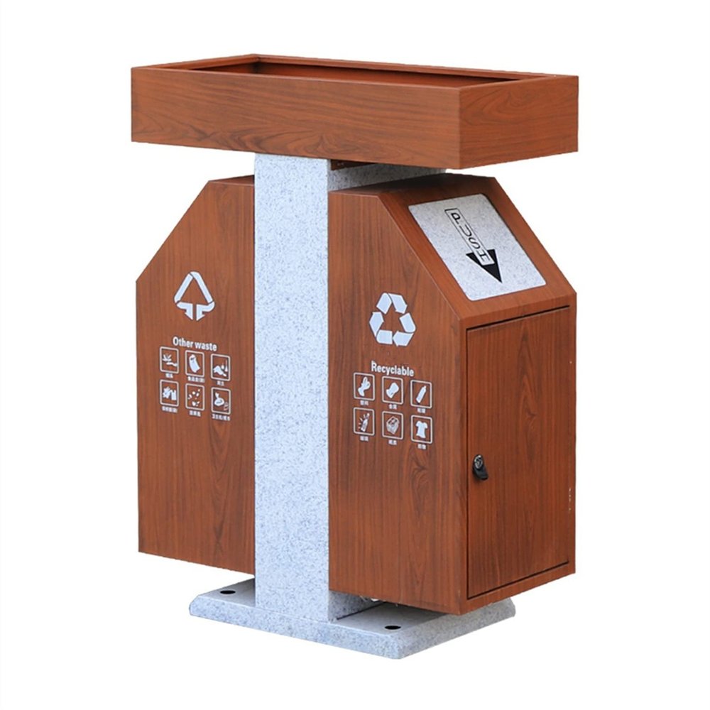 Outdoor Trash can Outdoor Trash Can Large Outdoor Courtyard Trash Can Double Bucket Classification Trash Bin Elegant Wood Grain Trash Can with Flower Box Garbage can