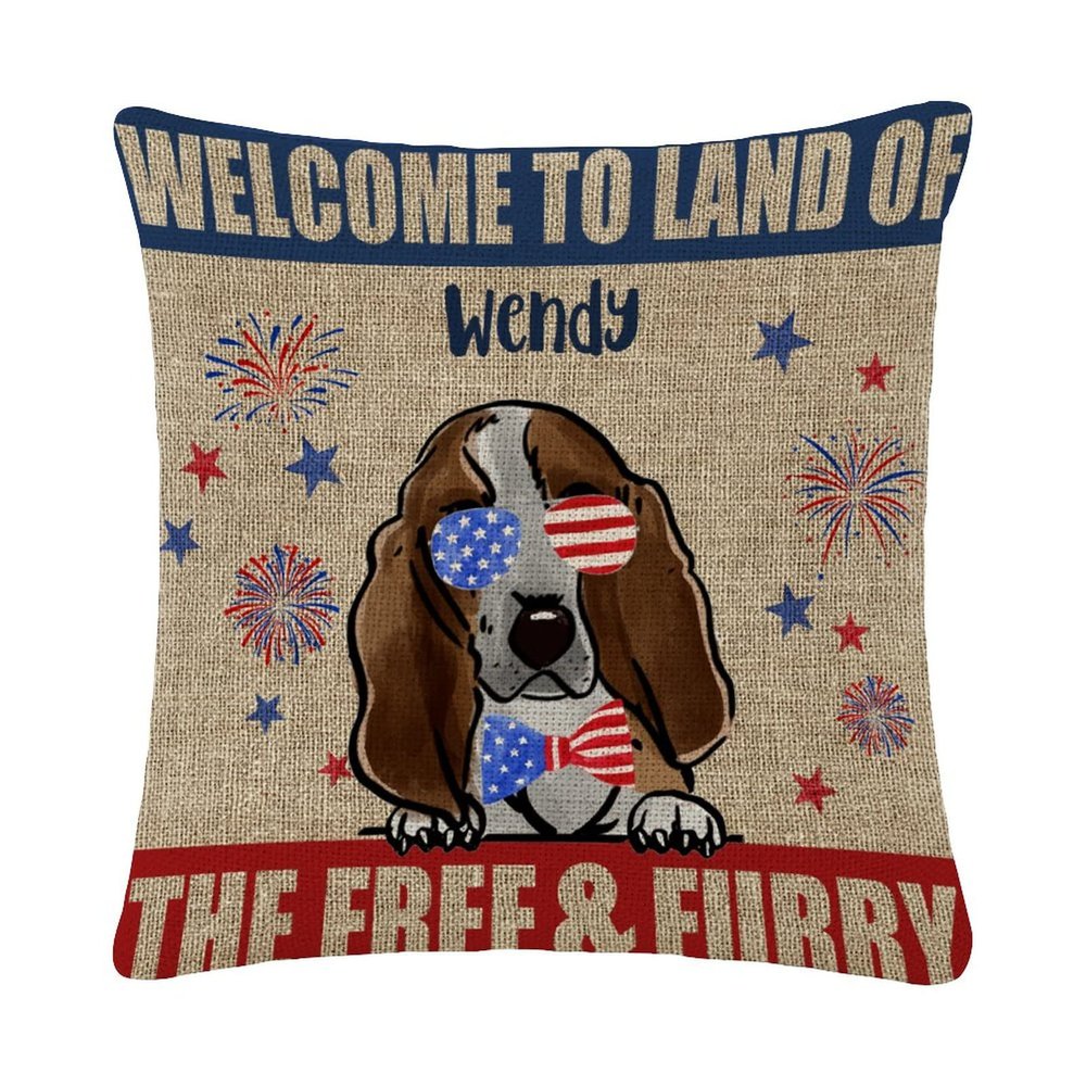 4th of July Farmhouse Throw Pillow Covers 16x16,Personalized Dog Name Welcome to The Land of The Free & Furry Square Cotton Linen Decorative Pillowcase Cushion Cover for Sofa Couch Chair Bedroom