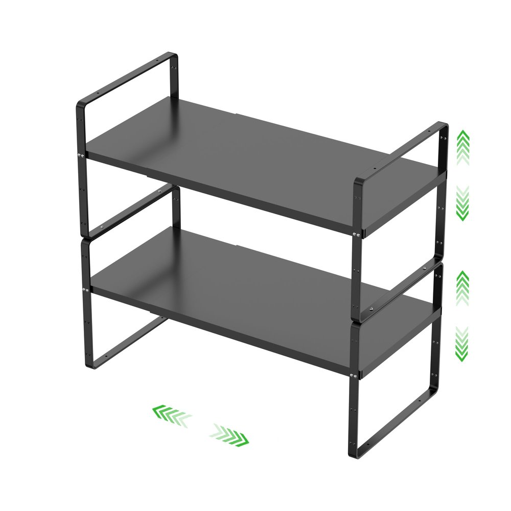 SOFRON Expandable Cabinet Storage Shelf Stackable Organizer Rack for Kitchen Bathroom Pantry Spice Cupboard Countertop Home Office Desk Heavy Duty Nonslip Black Small 2 Pack