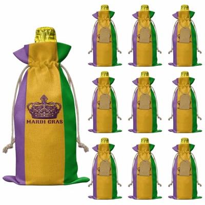 Mardi Gras Wine Bags, 10 Pcs Wine Bottle Cover with Drawstring Tags and Jute Twine, Wine Bottle Bags for Wedding Birthday Holiday Party Home Storage, Carnival Flag with Head Crown