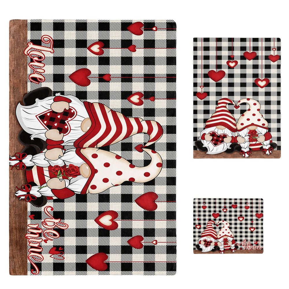 Bath Towels Set of 3, Valentines Be Mine Love Gnome Red Heart Rose Floral Black White Plaid Bathroom Towels Set,Soft Absorbent Bath Towel Hand Towel Washcloth Decorative Towels for Bathroom kitchen