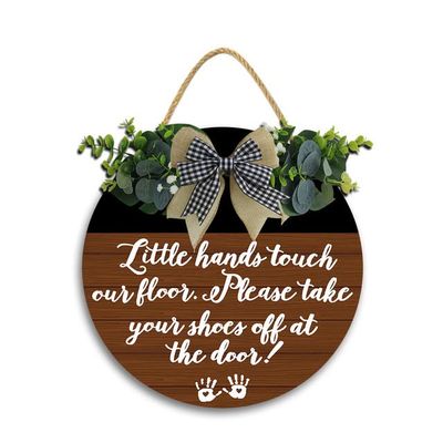 12x12in Since Little Fingers Touch Our Floor Please Remove Your Shoes at The Door Sign,Hanging Printed Wooden Plaque Dcor, Front Door Wood Wall Sign For Home Entryway Porch