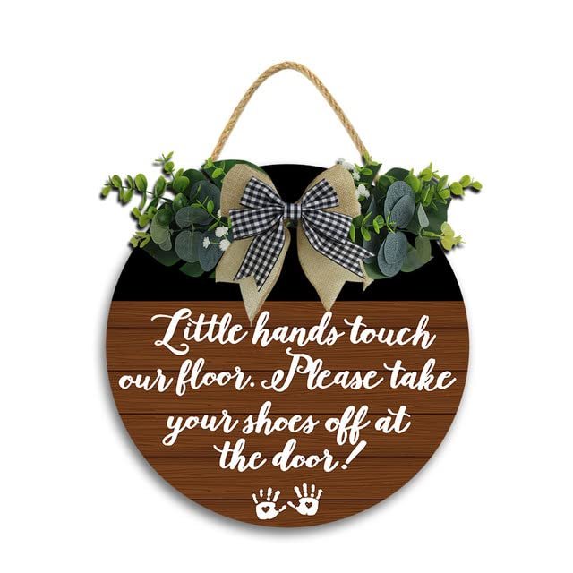 12x12in Since Little Fingers Touch Our Floor Please Remove Your Shoes at The Door Sign,Hanging Printed Wooden Plaque Dcor, Front Door Wood Wall Sign For Home Entryway Porch