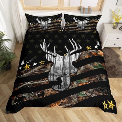 Deer Hunting Bedding Set Camo Antlers Comforter Cover for Boys Teens Youth Men Camouflage American Flag Duvet Cover Wildlife Elk Moose Bed Set White Black Bedroom Decor 2 Pcs, Twin Size
