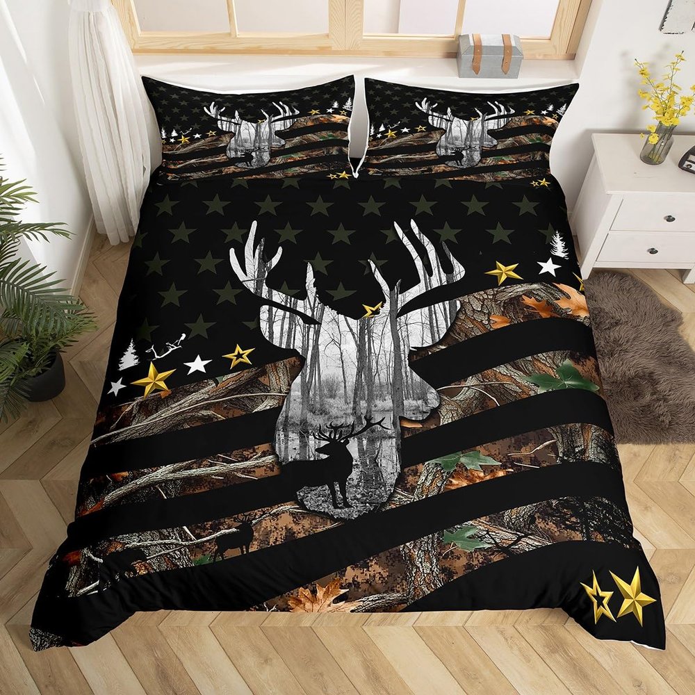 Deer Hunting Bedding Set Camo Antlers Comforter Cover for Boys Teens Youth Men Camouflage American Flag Duvet Cover Wildlife Elk Moose Bed Set White Black Bedroom Decor 2 Pcs, Twin Size