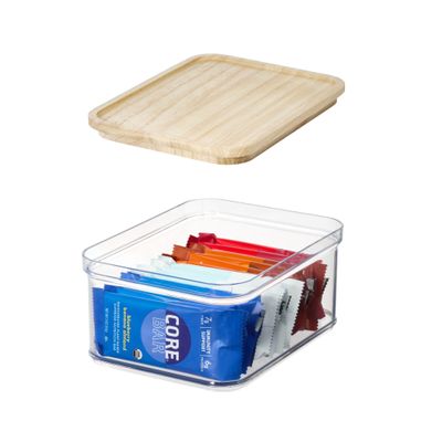 iDesign Recycled Plastic Crisp Storage Bin with Lid, The Rosanna Pansino Collection 8.51 L x 8.51 W x 4.13 H, Clear Bin with Natural Wood Lid