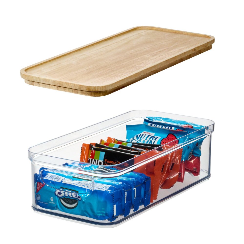 iDesign Recycled Plastic Crisp Storage Bin with Lid and Handles, The Rosanna Pansino Collection 12.99 L x 6.53 W x 4.13 H, Clear Bin with Natural Wood Lid