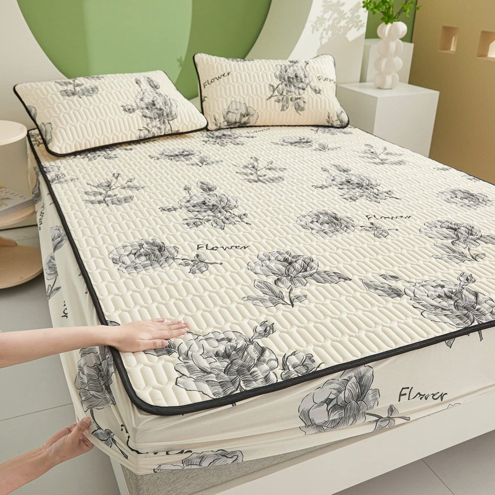 FCLDESHOP Bottom Fitted Sheet,Summer Thickened Cool Latex Printed Fitted Sheet,Children's Room Cartoon Anime Mattress Protector Pillowcase,Flower 3,150 * 200cm (1pcs)