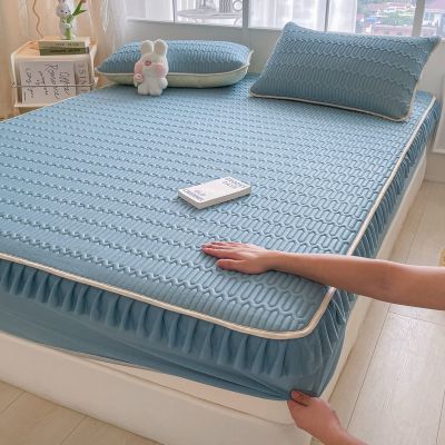 FCLDESHOP Deep Pocket Fitted Sheet,Summer Cool Ice Silk Latex Fitted Sheet, Bedroom Hotel Solid Color Non-Slip Mattress Topper Bed Cover Pillowcase,Blue,90x200cm (1pcs)