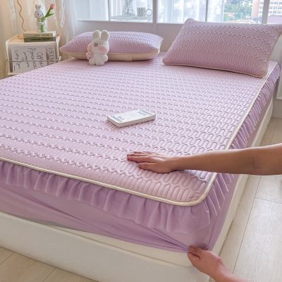 FCLDESHOP Fitted Mattress Protector Top,Summer Cool Ice Silk Latex Fitted Sheet, Bedroom Hotel Solid Color Non-Slip Mattress Topper Bed Cover Pillowcase,Purple,180x200cm (1pcs)