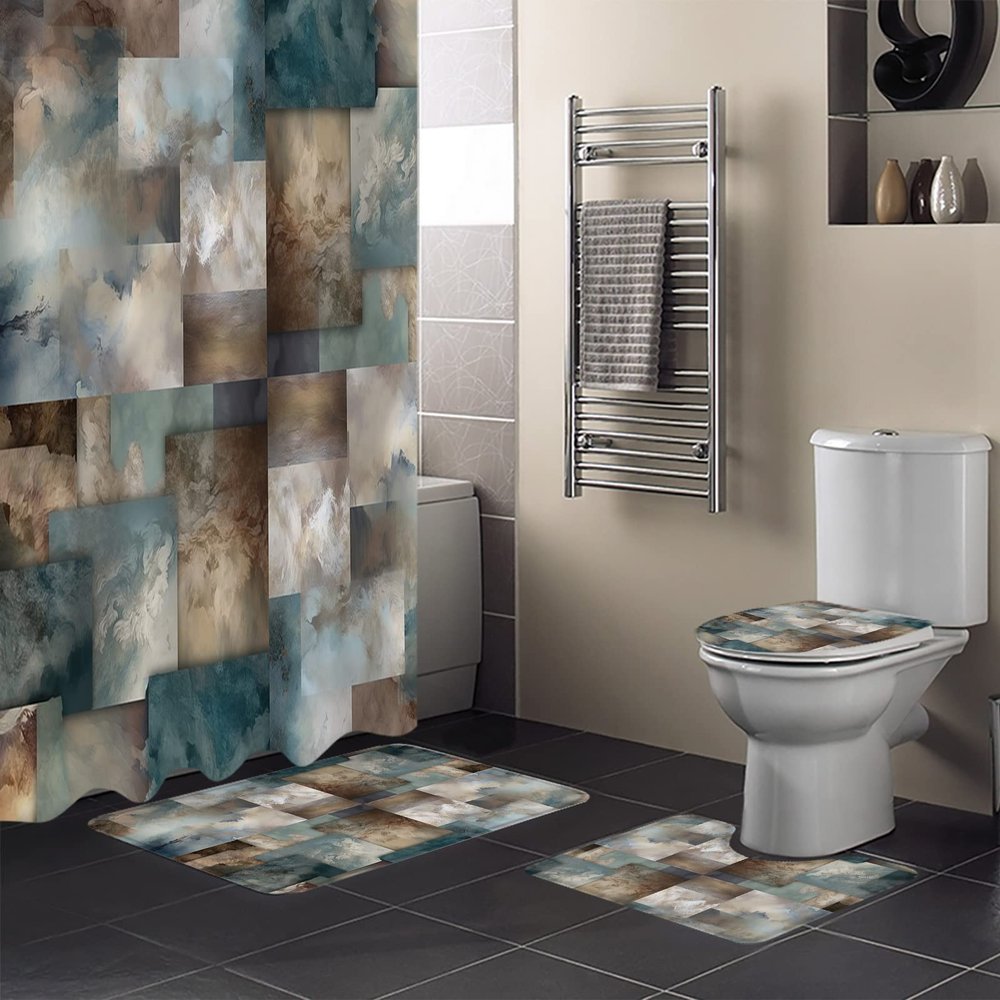 EwdeWwo Abstract 4 Piece Shower Curtain Sets with Non-Slip Rugs, Toilet Lid Cover and Bath Mat, Teal Blue Brown Color Block Gradient Art Shower Curtain with 12 Hooks, Durable and Waterproof