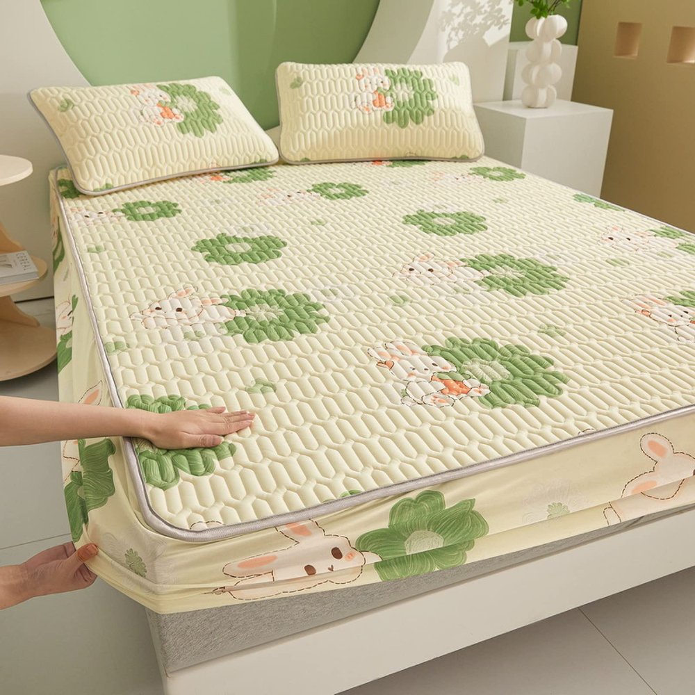 FCLDESHOP Queen Fitted Sheet Bedding,Summer Thickened Cool Latex Printed Fitted Sheet,Children's Room Cartoon Anime Mattress Protector Pillowcase,Green,180 * 200cm (3pcs)