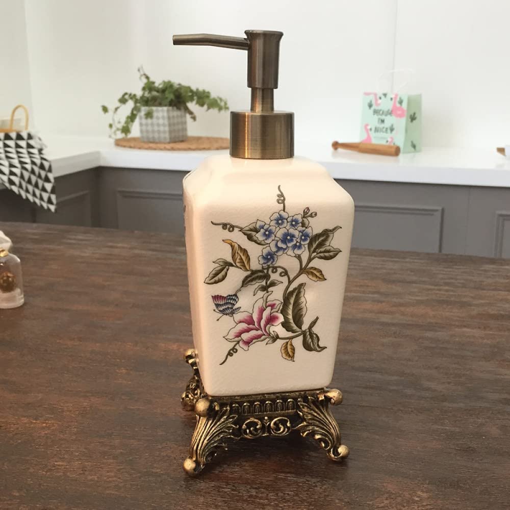 Ceramic Soap Dispensers With Resin Base, Square Classical Vintage Soap/Lotion Pump Dispenser For Kitchen/ Bathroom/ Laundry Room, Refillable Shampoo, Hand Soap, Dish Soap, Essential Oil,Orchid