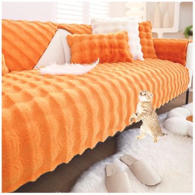 AWAV Thick Rabbit Plush Sofa Cushion, Non-Slip Sofa Covers for Living Room, Universal Super Soft Faux Fur Furniture Protector, Washable for Sectional Couch (Brown,110x110cm)
