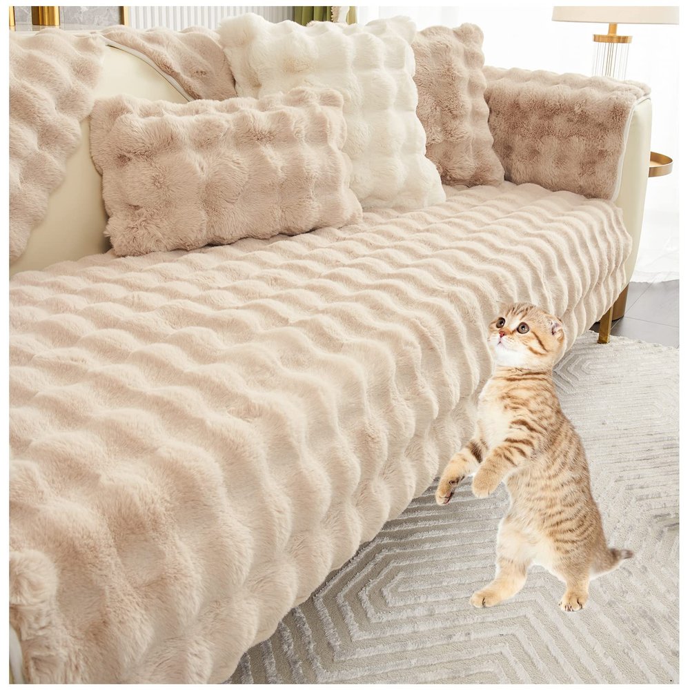AWAV Thick Rabbit Plush Sofa Cushion, Non-Slip Sofa Covers for Living Room, Universal Super Soft Faux Fur Furniture Protector, Washable for Sectional Couch (Khaki,110x210cm)
