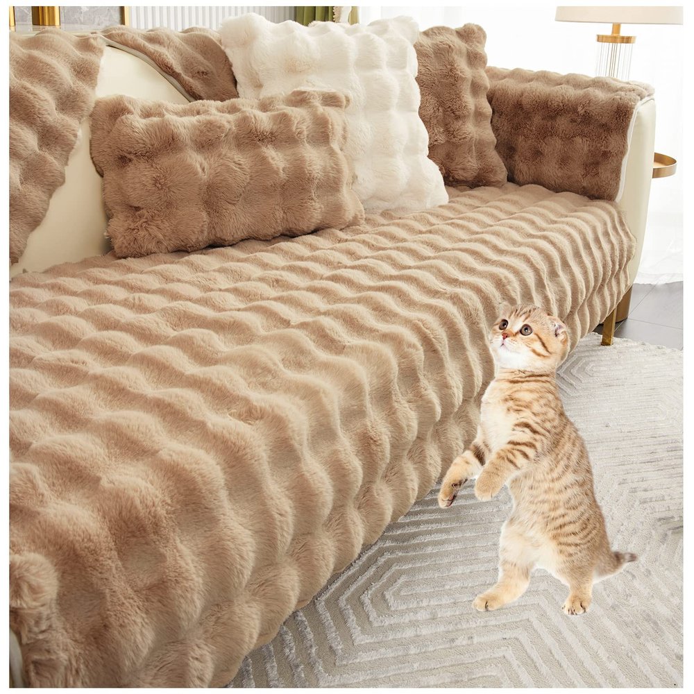 AWAV Thick Rabbit Plush Sofa Cushion, Non-Slip Sofa Covers for Living Room, Universal Super Soft Faux Fur Furniture Protector, Washable for Sectional Couch (Coffee,45x45cm)