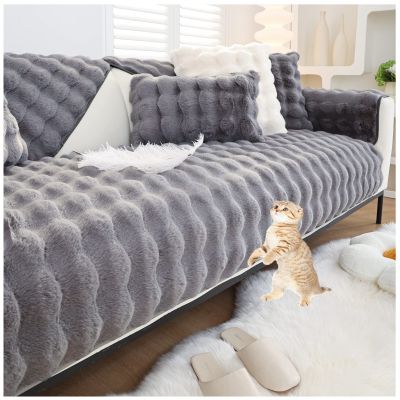 AWAV Thick Rabbit Plush Sofa Cushion, Non-Slip Sofa Covers for Living Room, Universal Super Soft Faux Fur Furniture Protector, Washable for Sectional Couch (Dark Gray,70x70cm)