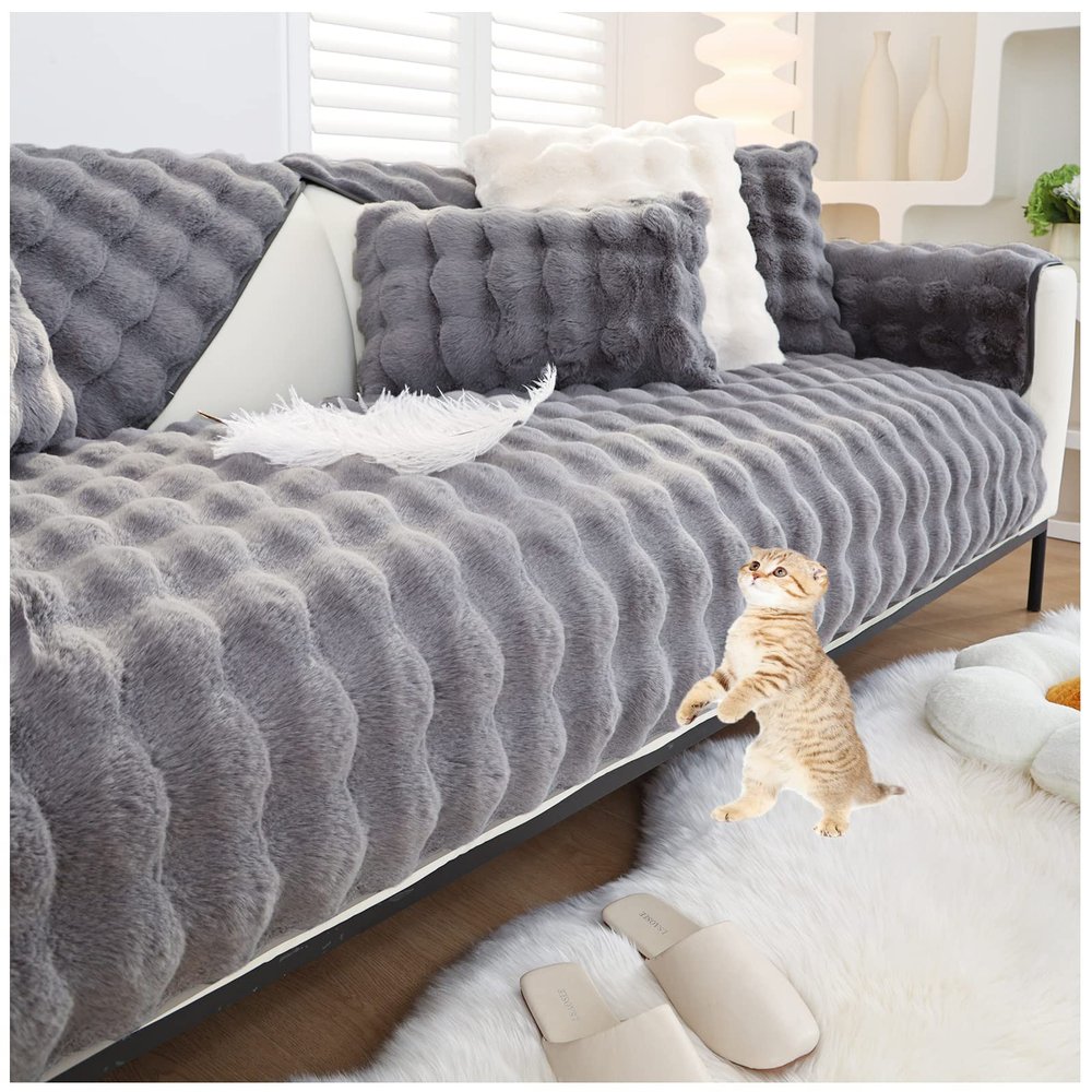 AWAV Thick Rabbit Plush Sofa Cushion, Non-Slip Sofa Covers for Living Room, Universal Super Soft Faux Fur Furniture Protector, Washable for Sectional Couch (Dark Gray,70x70cm)