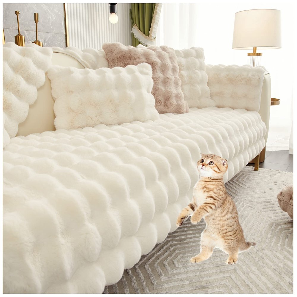AWAV Thick Rabbit Plush Sofa Cushion, Non-Slip Sofa Covers for Living Room, Universal Super Soft Faux Fur Furniture Protector, Washable for Sectional Couch (White,90x210cm)