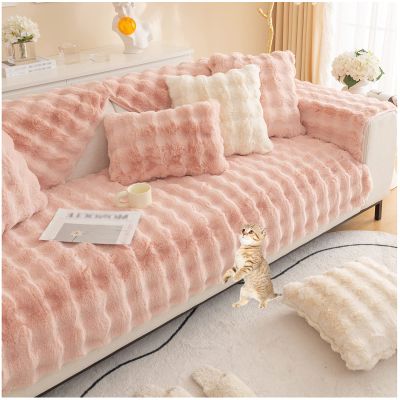 AWAV Thick Rabbit Plush Sofa Cushion, Non-Slip Sofa Covers for Living Room, Universal Super Soft Faux Fur Furniture Protector, Washable for Sectional Couch (Pink,70x70cm)