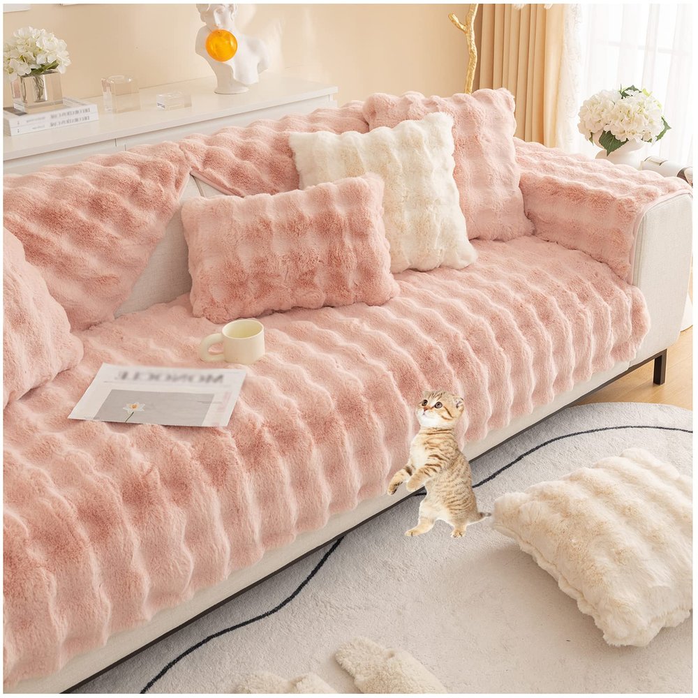 AWAV Thick Rabbit Plush Sofa Cushion, Non-Slip Sofa Covers for Living Room, Universal Super Soft Faux Fur Furniture Protector, Washable for Sectional Couch (Pink,70x70cm)