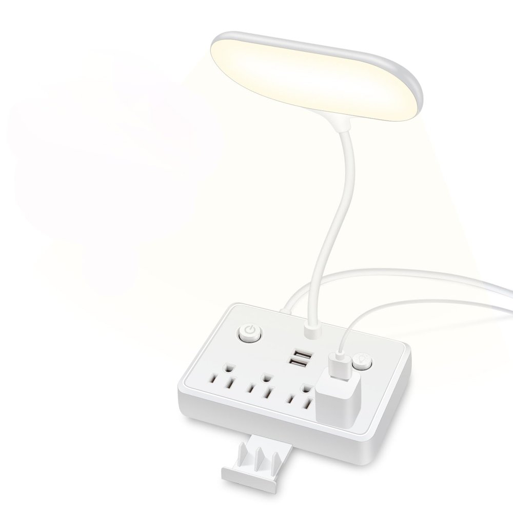 LED Desk Lamp, Power Outlet with Dimming Night Light Desk Light,Table Lamps 3 Lighting Modes Desktop Charging Extension Lead 4 AC Power Outlet and 2 USB Charging Ports for Travel Home Office