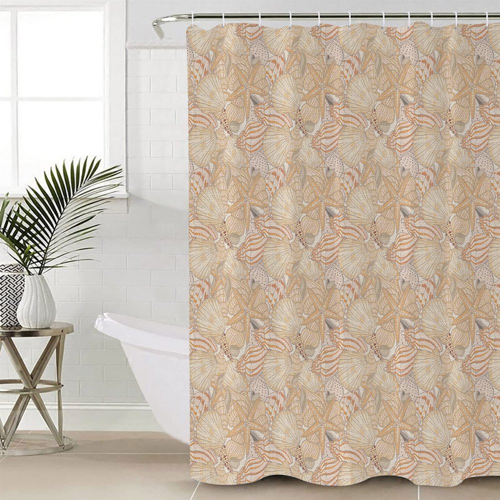 Ocean Waterproof Shower Curtains Set - Standard 60 x 72 Inch, Beige Starfish Seashell Conch Nautical Coastal Beach Polyester Fabric Bathroom Curtain with 12 Hooks, Bathroom Accessories, 1 Panel